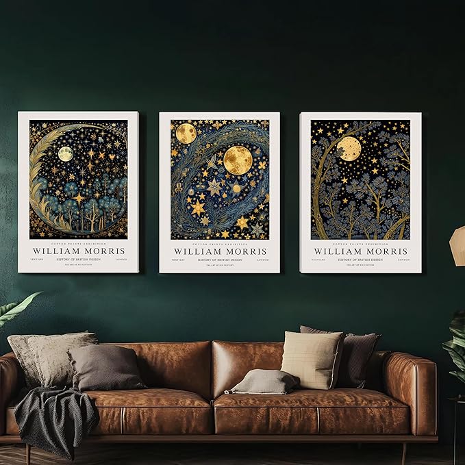 WRFON William Morris Canvas Wall Art, Vintage Gold Moon Wall Decor, Dreamlike Stars Poster Prints, Retro Botanical Aesthetic Pictures for Bedroom Living Room Office Framed Ready to Hang 12"x16"x3