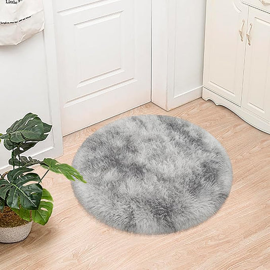 Tie Dye Grey Round Rugs Small 3x3 ft Fluffy Circle Rug Furry Carpet Shaggy Circular Fuzzy Plush Area Rug for Girls Bedroom Kids Room Living Room Nursery Cute Room Decor Pet mat Doormat