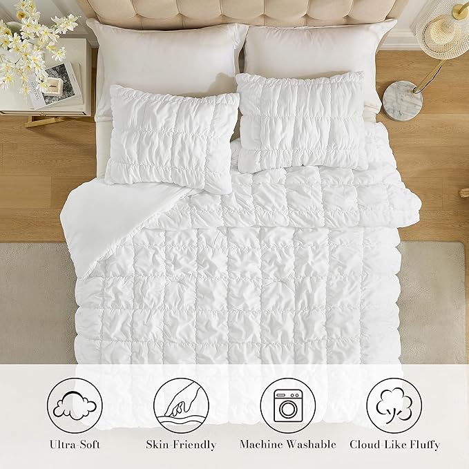 Amelie Home White Bubble Comforter Set Queen Size, 3 Pieces Ultra Soft Cozy Bedding Set for All Seasons, Farmhouse Luxury Gift for Women Home Decor, 90 x 90 inches