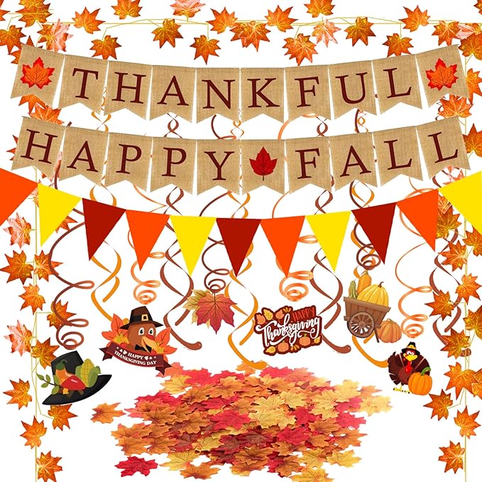 Thankful Happy Fall Burlap Banner Paper Triangular Bunting Maple Leaf Garland Plastic Streamer for Autumn Harvest Thanksgiving Day Party Decoration