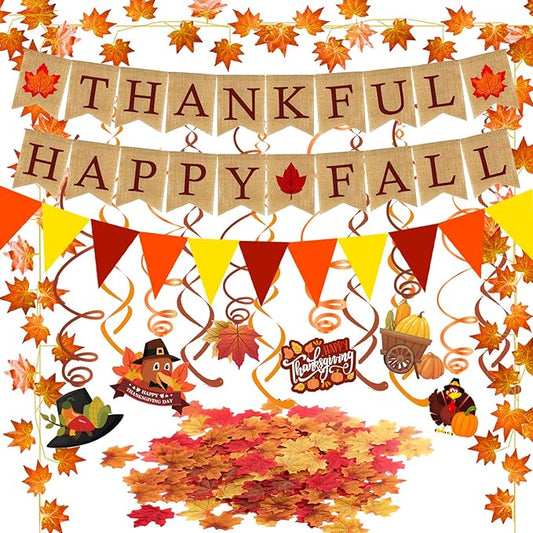Thankful Happy Fall Burlap Banner Paper Triangular Bunting Maple Leaf Garland Plastic Streamer for Autumn Harvest Thanksgiving Day Party Decoration