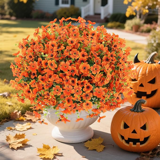 24 Bundles Fall Flowers Artificial for Decoration Outdoors, Fake Plants Autumn, Mums Daisy Eucalyptus Realistic UV Resistant for Garden Patio Porch Home Decor, Orange