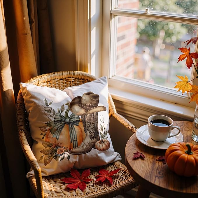 Boho Fall Western Pillow Covers 18x18, Western Fall Decor, Coquette Bow Autumn Pumpkin Country Cowgirl Boot Hat Decorative Throw Pillow Covers for Girls Room Home Bedroom Living Room