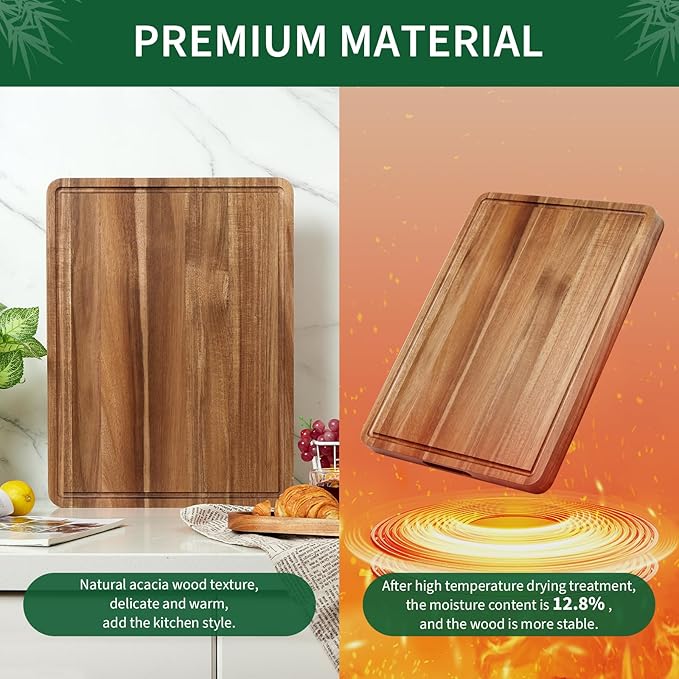 Garvee Acacia Wood Cutting Board for Kitchen, 20"x15"x1.38" Large Wooden Chopping Board, Reversible Wooden Butcher Block with Deep Juice Groove and Side Handle for Meat, Vegetables, Cheese, Fruit