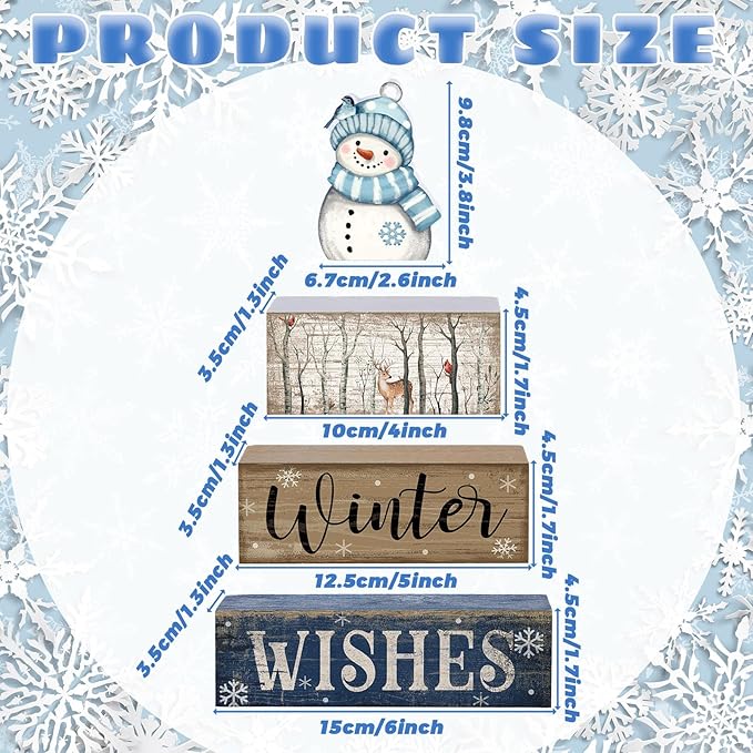 4 Pcs Christmas Snowman Decor Snowman Tiered Tray Decor Wooden Rustic Winter Block Sign Christmas Farmhouse Tabletop Centerpiece for Home Tabletop Kitchen Shelf Party Gift
