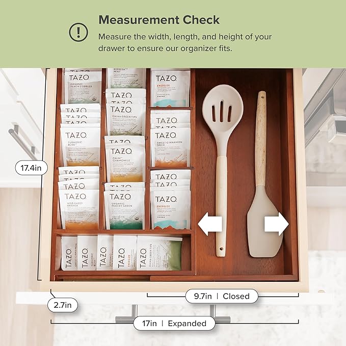 Acacia Tea Bag and Coffee Pod Kitchen Drawer Organizer, Expandable 9.7 to 17 Inches, 10 Storage Compartments, Adjustable Wall Inserts, Non-Slip Feet, Food-Safe