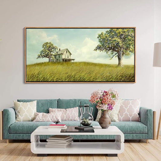 YCPRIMER Large Canvas Wall Art - Village Landscape Decor Retro Farmhouse Picture Yellow Tree Painting Artwork for Dinning Room,Living Room,Kitchen Framed Decoration Size 29×58Inch