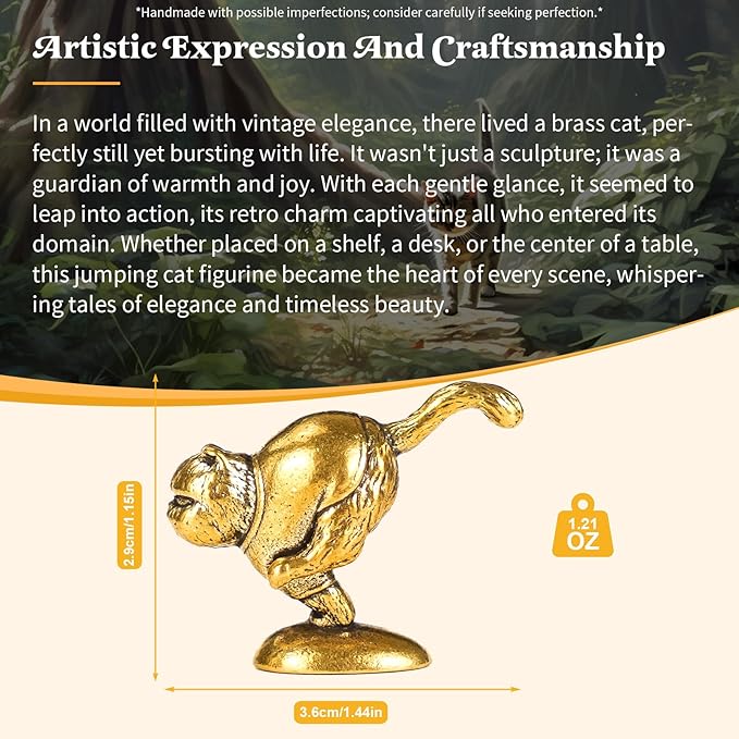 CHOVY Vintage Style Jumping Cat Figurine - 100% Solid Brass Retro Statue | Handcrafted Desk Ornament, Collectible Art Piece for Home & Office Decor | Unique Gift for Cat Lovers