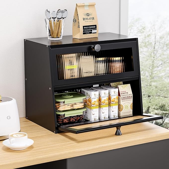 Bread Box for Kitchen Countertop,Extra Large 2 Layer Breadbox Wooden Farmhouse Bread Storage Container Bread Bin Bread Holder Food Organizer Pantry Shelf Acrylic Window(Black)