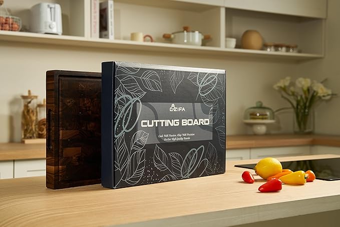 American Dark Walnut Wood Cutting Board 17"x12"x1.6" for Kitchen with Juice Groove, Inner Handles, Gift Box Packaging and End Grain Butcher Block Finished with Linseed Oil, Beeswax & Lemon Oil
