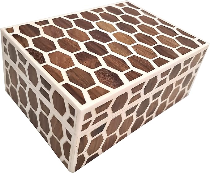 collectiblesBuy Honeycomb Bone Inlay Jewelry Box – Handcrafted Decorative Organizer for Keepsakes, Dresser & Vanity | Elegant Bedroom Storage Box & Unique Gift Decor