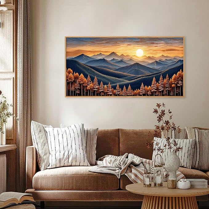 HOURIA Large Woodland Mountain Sunset Framed Canvas Wall Art Set,Wilderness Wooden Forest Landscape Wall Decor,Nature Botanical Artwork,Boho Pine Tree Art Print for Living Room,Bedroom- 20"x40"x1