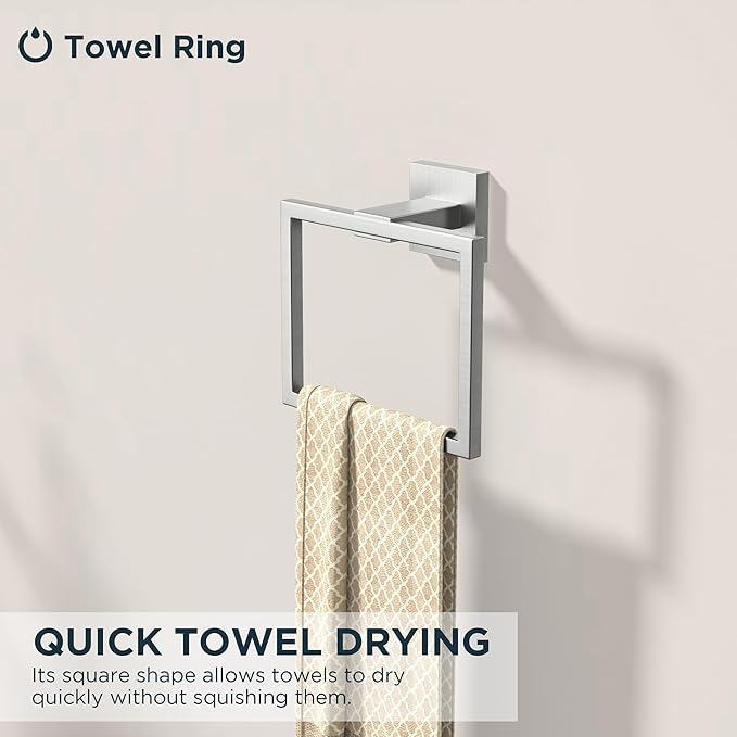 FORIOUS Toilet Paper Holder Set Wall Mount, SUS 304 Stainless Steel Pivoting Toilet Paper Holder and Towel Ring, Hand Towel Holder Set for Bathroom, Square Bathroom Hardware Set, Brushed Nickel