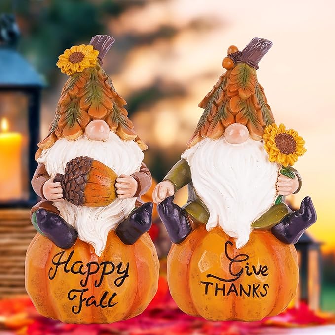 Topadorn Fall Gnomes Decor for Yard Outdoor Set of 2 with Pumpkin and Sunflower- for Thanksgiving and Halloween Home Garden Decorations