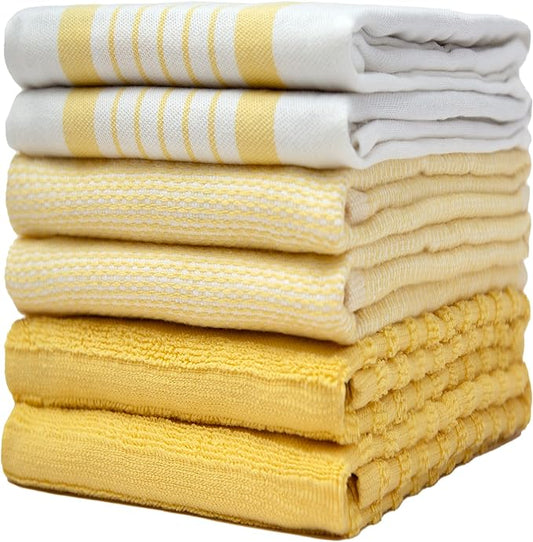 Premium Kitchen Towels (20”x 28”, 6 Pack) – Large Cotton Kitchen Hand Towels – Striped Flat & Terry Towel – Highly Absorbent Tea Towels Set with Hanging Loop – Yellow
