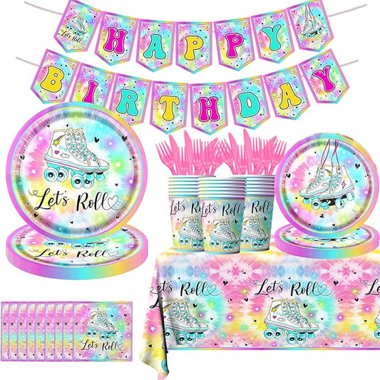 Roller Skating Party Supplies - 142Pcs Roller Skate Party Tableware Include Plates,Napkins,Cups,Banner,Tablecloth Let's Roll Birthday Decorations for Girl（20 Guests）