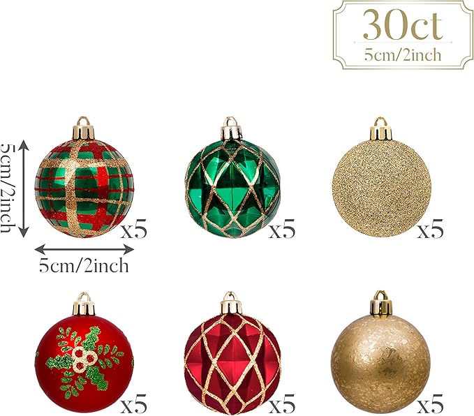 Valery Madelyn Christmas Ornaments Set, 30ct 2 Inches Red Green and Gold Shatterproof Christmas Tree Decorations Ball Ornaments Bulk, Traditional Country Hanging Decor for Xmas Holiday Party