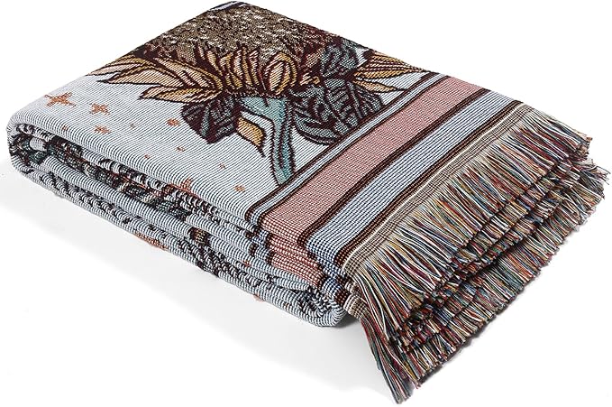 Boho Throw Blanket Reversible Cotton Bohemian Tapestry Hippie Room Decor Double Sided (Boho The Sun 50"x60")