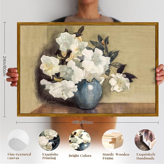 crmotu Vintage Framed Wall Art, White Magnolia Floral Botanical Canvas Painting Prints, Classical Still Life Flower Large Artwork, Nature Plant Antique Pictures Wall Decor Living Room Bedroom 24x36in