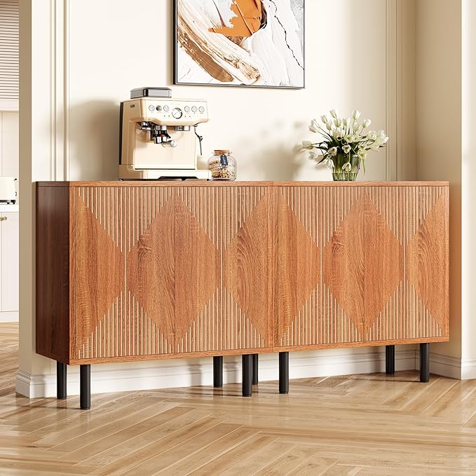 LITTLE TREE 59 Inches Long Sideboard Buffet Cabinet, Vintage Storage Cabinet with 4 Doors, Large Coffee Bar Cabinets for Kitchen, Cupboard Console Cabinets, Old Rose Color