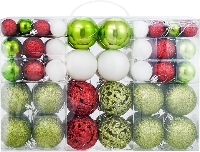 Christmas Balls Tree Ornaments, Shatterproof Christmas Decorations Set with Reusable Hand-held Gift Package for Holiday Xmas Tree Decor(Red, Green & White)