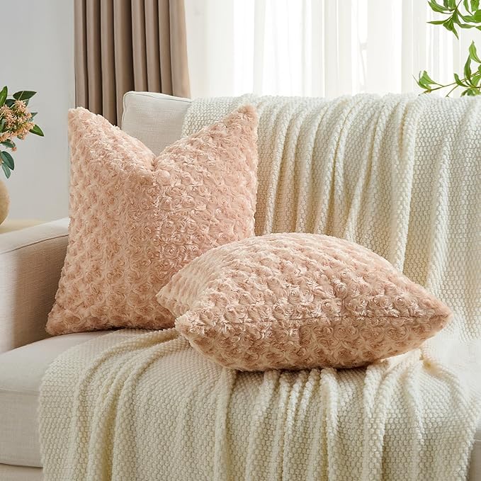 FUTEI Apricot Decorative Throw Pillow Covers 24x24 Inch Set of 2,Soft Solid Rose Textured European Cushion Case,Modern Home Decor for Couch Sofa Bed Living Room