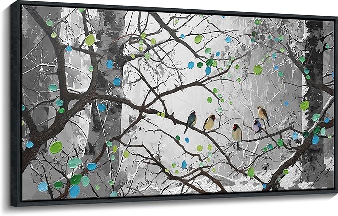 Grey Wall Art Bird on Branch Misty Forest Canvas Artwork Modern Framed Canvas Painting Decorative Wall Art Home Decor Can Be Hung Directly Dining Room Living Room Bedroom Office Size 24x48 Inches