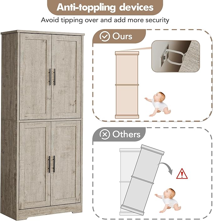 GarveeHome 70 Inch Tall Kitchen Pantry Cabinet, Freestanding Storage Cabinet with 4 Doors and Adjustable Shelves, Utility Hutch Cupboard for Dining Room, Bathroom, Living Room (Style A, Gray)