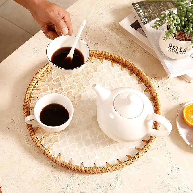 Round Rattan Tray with Mother of Pearl Inlay & Wooden Base - Decorative Wicker Serving Tray for Coffee/Bread/Fruits, Food Storage & Display - Multipurpose Home Decor (L,Fish Scales)