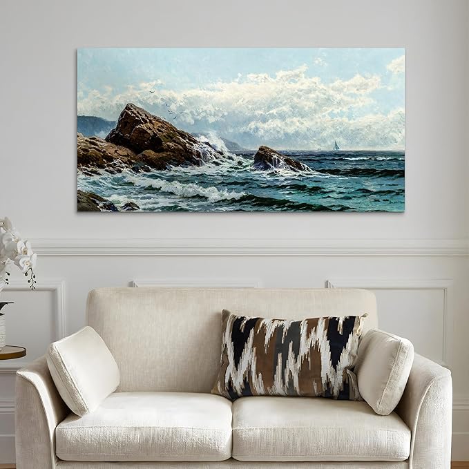 crmotu Large Wall Art for Living Room, Coastal Landscape Retro Canvas Painting, Ocean Waves Vintage Decor Art Prints, Blue Nautical Scenery Bedroom Bathroom Home Office Pictures Wall Decor 30"X60"