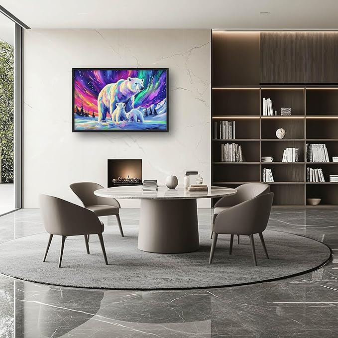 Polar Bear Large Wall Art for Living Room Framed, White Bear Wall Decor Pictures, Aurora Canvas Print Painting, Aesthetic Artwork Bedroom Office Home Decor 36"x24"