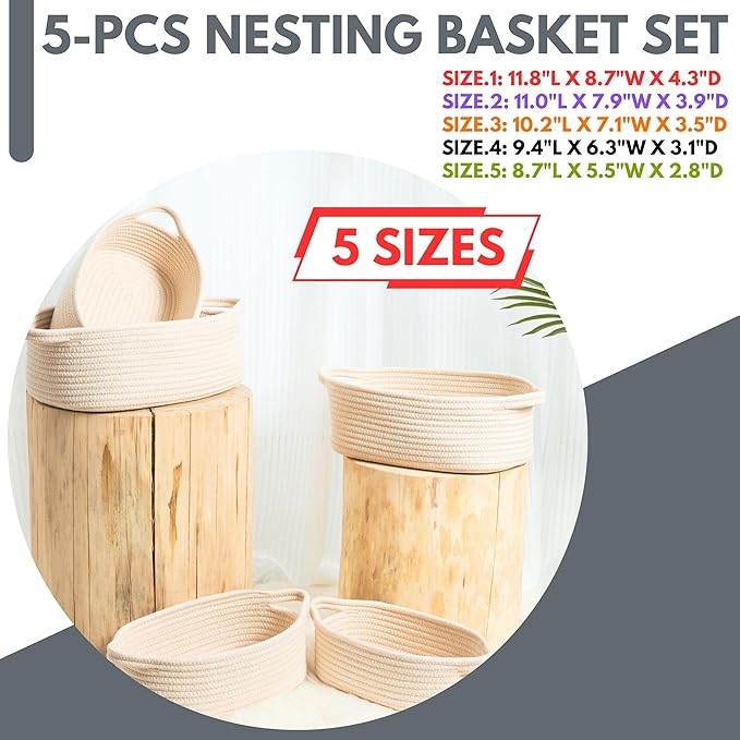 MINTWOOD Design 5-Piece Storage Baskets for Organizing, Small Woven Rope Baskets for Storage and Shelves, Dog Cat Toy Basket Box, Pantry Bathroom Organization Bins, Nightstand Organizer, Beige