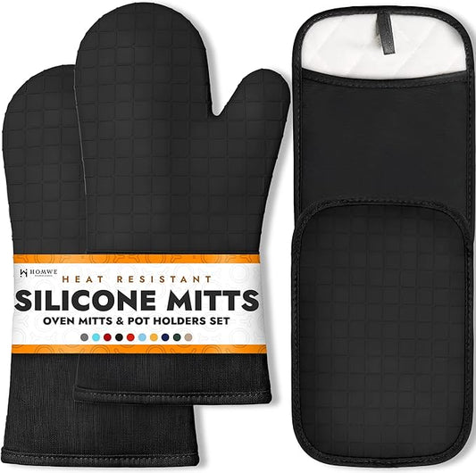 HOMWE Silicone Oven Mitts and Pot Holders for Kitchen & Baking - Set of 4 Heat-Resistant, Heavy-Duty Cooking Mittens w/Non-Slip, Textured Grip (Black)
