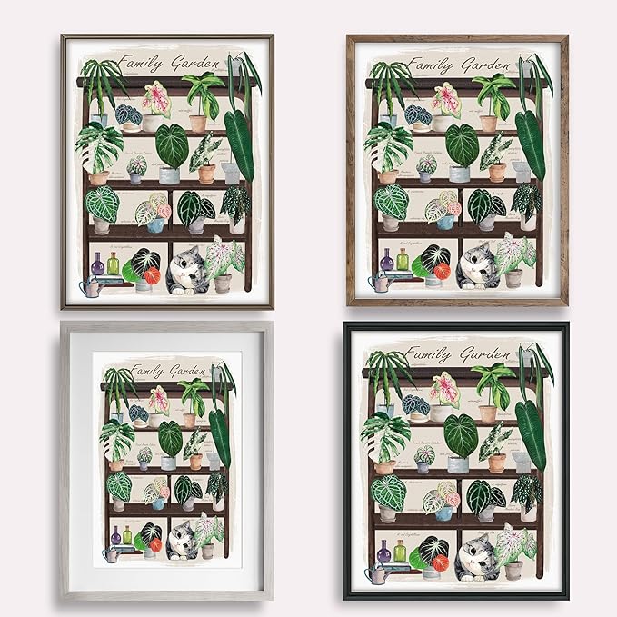 TimAsh Unframed Funny Cat Botanical Wall Art Family Garden Modern Green Plant Decor Tropical Boho Style Cute Kitten Canvas Prints for Bedroom Bathroom Living Room 16'' x 12''