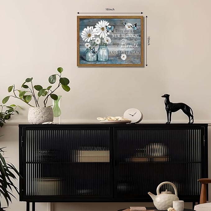 Wood Framed Daisy Butterfly Wall Art, Blue Rustic Farmhouse Canvas Wall Decor Paintings, Inspirational Flower Still Life Posters Prints Pictures for Kitchen Bathroom Home Decor 12x16 Inch