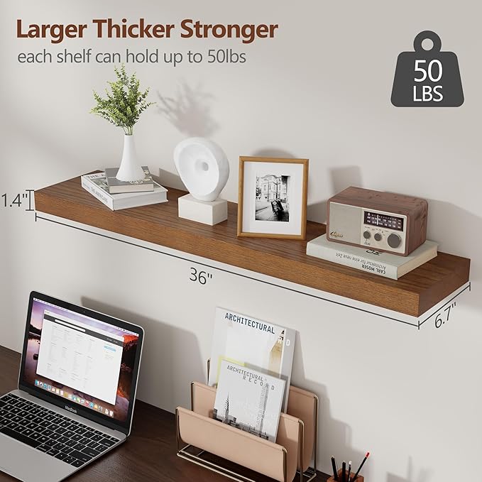 fuqing Rustic Floating Shelves for Wall, 36 Inch Floating Shelves Set of 2, Solid Dark Wood Wall Shelves for Living Room Bedroom Bathroom