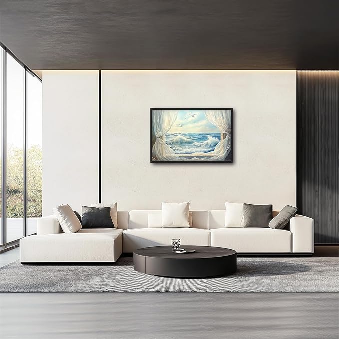 Beach Window Framed Wall Art for Living Room, Large Coastal Canvas Wall Decor, Window Curtains Pictures Framed Painting, Landscape Artwork for Bedroom Office Home Decor 36L'' × 24W''