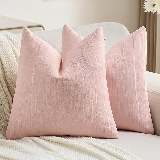 FUTEI Pink Chenille Decorative Throw Pillow Covers 20x20 Inch Set of 2,Soft Embossed Striped Textured Cushion Case,Modern Home Decor for Couch Bed Living Room