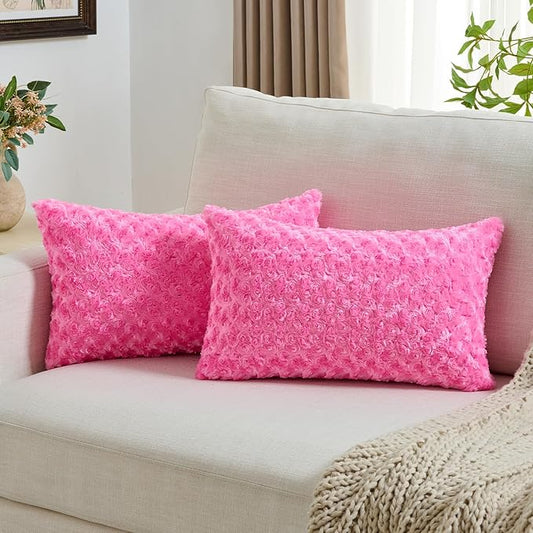 FUTEI Hot Pink Decorative Throw Pillow Covers 12x20 Inch Set of 2,Soft Solid Rose Textured Lumbar Pillow Case,Modern Home Decor for Couch Sofa Bed Living Room