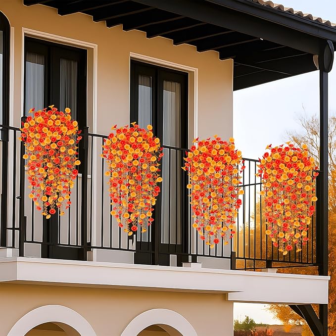 4 Pcs Artificial Hanging Flowers for Outdoor Fall Decoration, 4 Pcs UV Resistant Fake Fall Morning Glory Flowers Faux Petunias for Home Front Door Patio Decor (Orange Yellow)