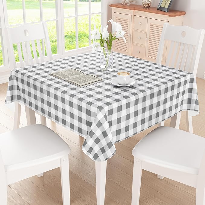 misaya Square Waterproof Vinyl Table Cloth, Buffalo Flannel Backed Tablecloth, Wipeable Plastic Table Cover for Dinner, Kitchen, Outdoor (54" x 54", Grey and White)