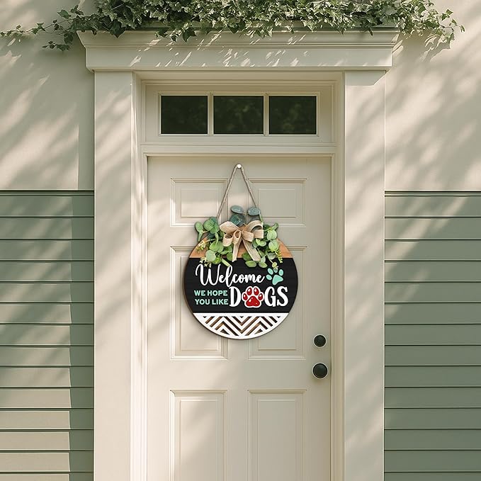 GOSSBY Interchangeable Welcome Sign for Front Door - WE HOPE YOU LIKE DOGS - Seasonal Rustic Wood Wreath - Hanging Wall Sign Decoration for Outside, Porch, Farmhouse - New Home, Housewarming Gift