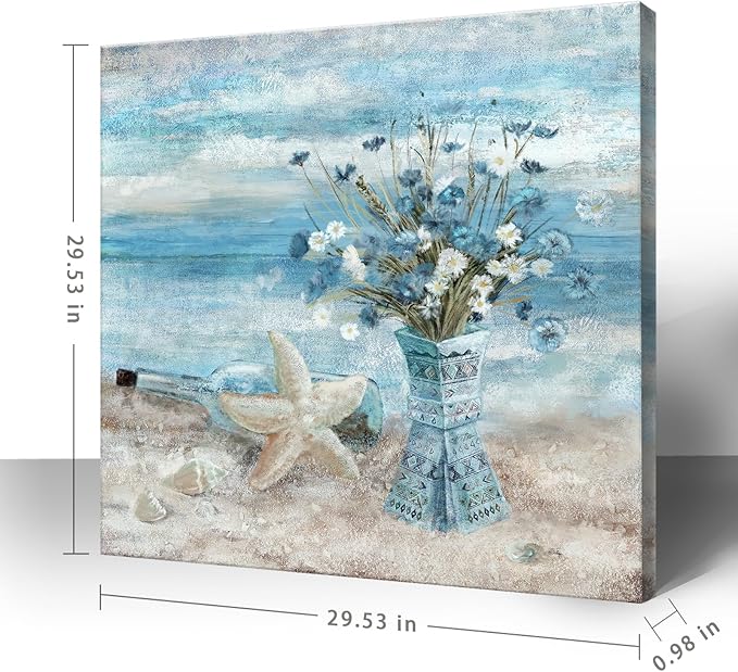 Large Canvas Wall Art for Living Room Blue Beach Wall Decor Ocean Theme Print Seaside Framed Artwork for Bedroom Bathroom Abstract Seascape Painting Coastal Flower Picture Home Office Decor 30x30inch