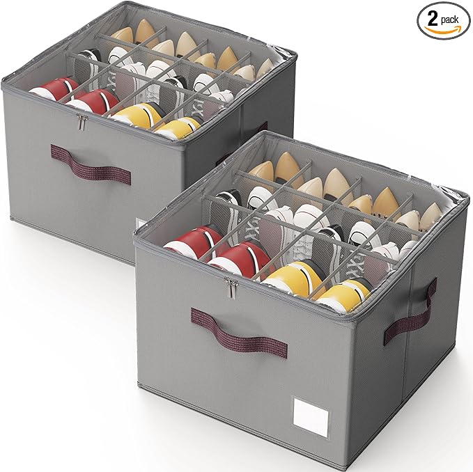 Criusia Shoe Organizer for Closet, 2 Pack Shoe Organizer with Transparent Cover and Sturdy Handles, Closet Shoe Storage for Sneakers Sandals Slippers, Fit 12-16 Pairs, Gray