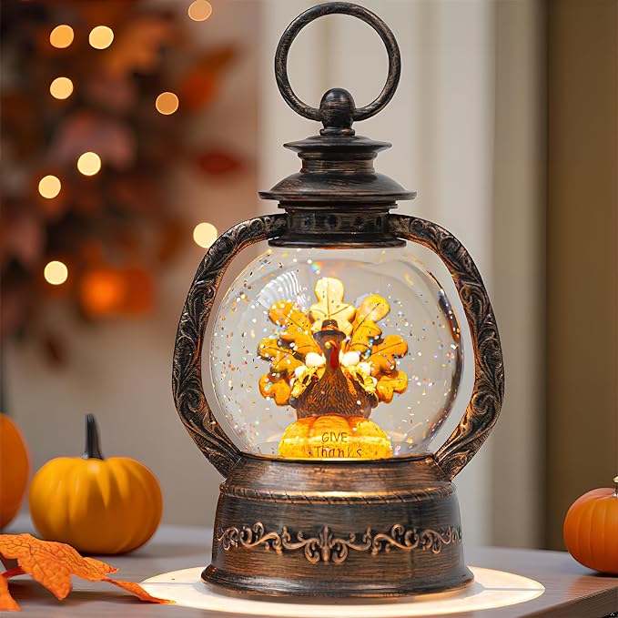 Fall Snow Globe Lantern -Thanksgiving Turkey with Pumpkin Spinning Water Lantern with Swirling Glitter Fall Decorations for Home, Autumn Harvest Fall Decor