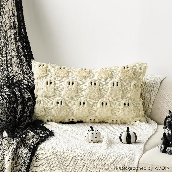 AVOIN colorlife Halloween Ghost Beige Throw Pillow Cover Set of 2, 12 x 20 Inch Soft Plush Faux Fur Jacquard Spooky Cushion Case Decoration for Sofa Couch