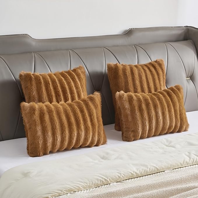FUTEI Camel Decorative Throw Pillow Covers 18x18 Inch Set of 2,Soft Fluffy Faux Mink Fur Dyeing Striped Textured Cushion Case,Modern Home Decor for Couch Bed Living Room