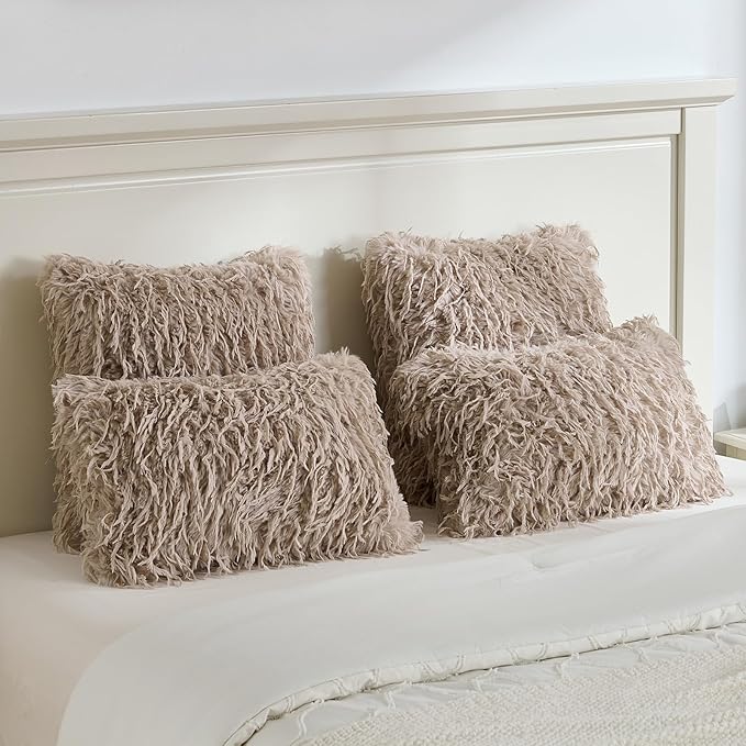 FUTEI Khaki Decorative Throw Pillow Covers 20x20 Inch Set of 2,Soft Fluffy Faux Feather Texture Cushion Cases,Modern Home Luxury Decor for Couch Bed Living Room