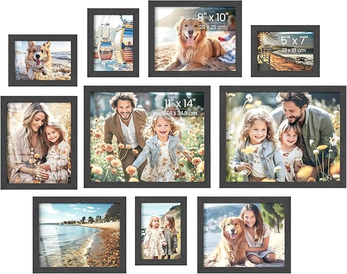 SONGMICS Picture Frames, Collage Picture Frames Set of 10, Two 11x14, Four 8x10, Four 5x7, Photo Frame for Wall Gallery Decor, Table Display, Glass, Ink Black URPF110B01