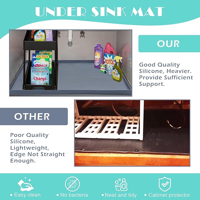 URMONA Waterproof Silicone Under Sink Mat 37'' x 22'' Shelf Liner for Kitchen and Bathroom, Cabinet and Counter Protector, Storage and Organizers, Litter Mat, Pet Cat Puppy Essentials(Black)